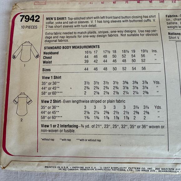 Simplicity 7942 Sewing Pattern Mens Dress Shirt Size 44,46,48,50 c.1977 - Picture 3 of 6
